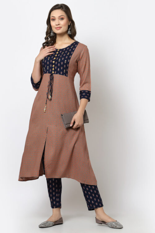 rayon printed A line handwork kurta with printed bottom