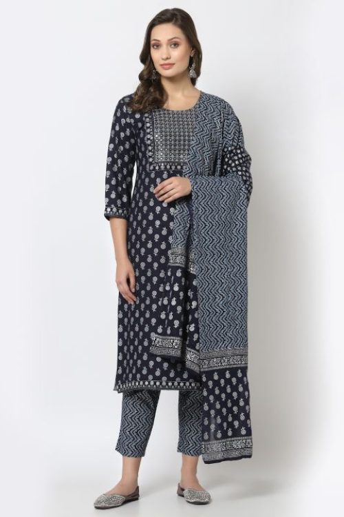 rayon embroidered printed kurta with printed duptta & bottom