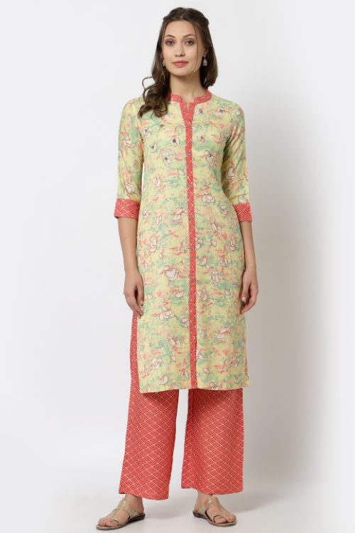 rayon printed handwork kurta with printed bottom