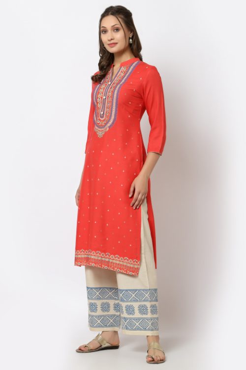 rayon printed hanwork kurta with printed bottom