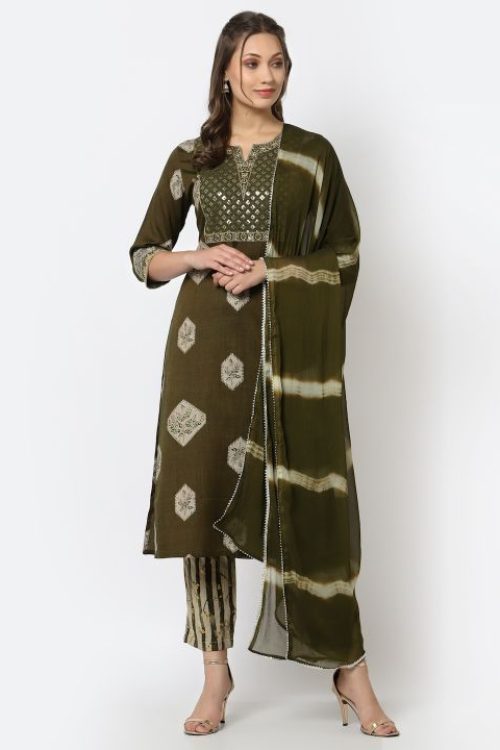 rayon embroidered printed kurta with chiffon duptta & bottom