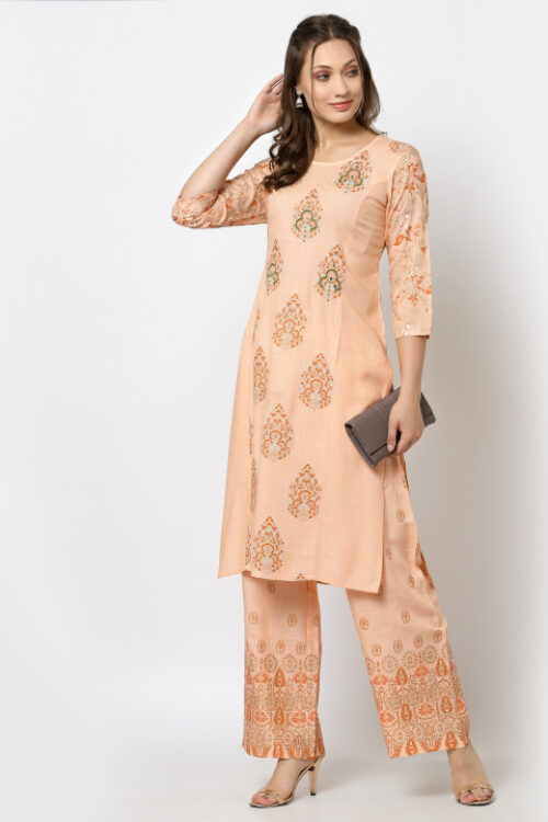 rayon printed handwork kurta with printed bottom