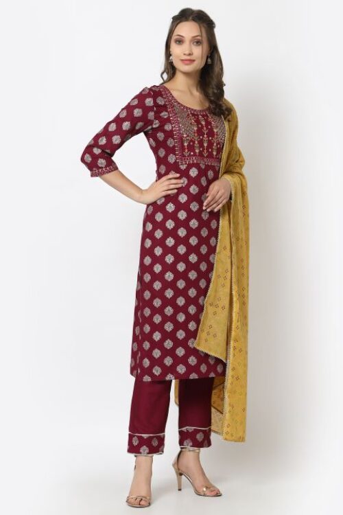 rayon embroidered printed kurta with printed duptta & bottom