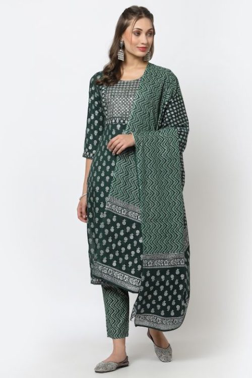 rayon embroidered printed kurta with printed duptta & bottom