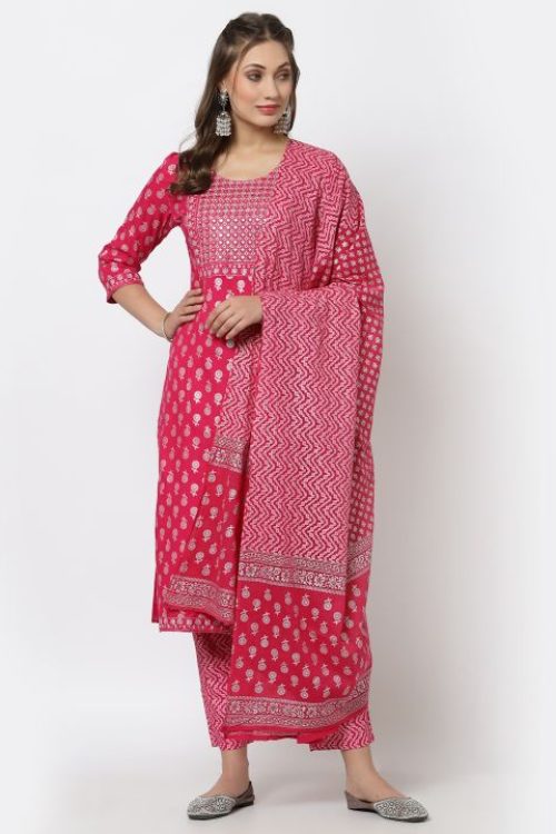 rayon embroidered printed kurta with printed duptta & bottom