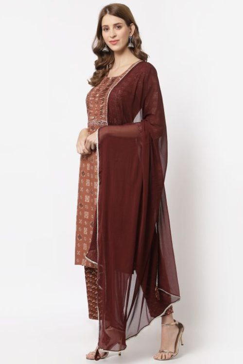 rayon embroidered printed kurta with chiffon duptta & bottom