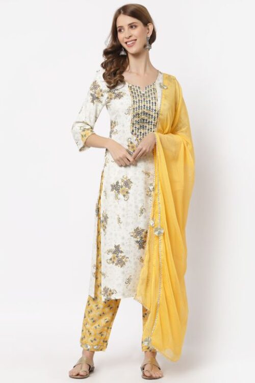 rayon foil print embroidered kurta with printed bottom & chiffon duptta