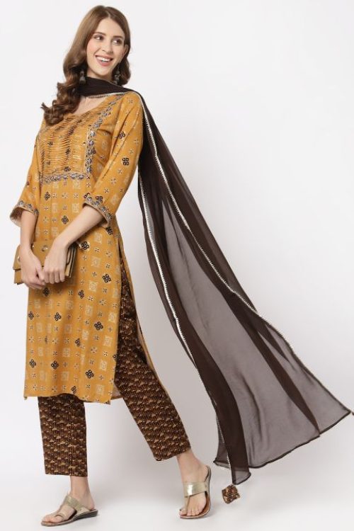 rayon embroidered printed kurta with chiffon duptta & bottom