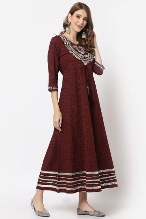 cotton printed anarkali gown with embroidery