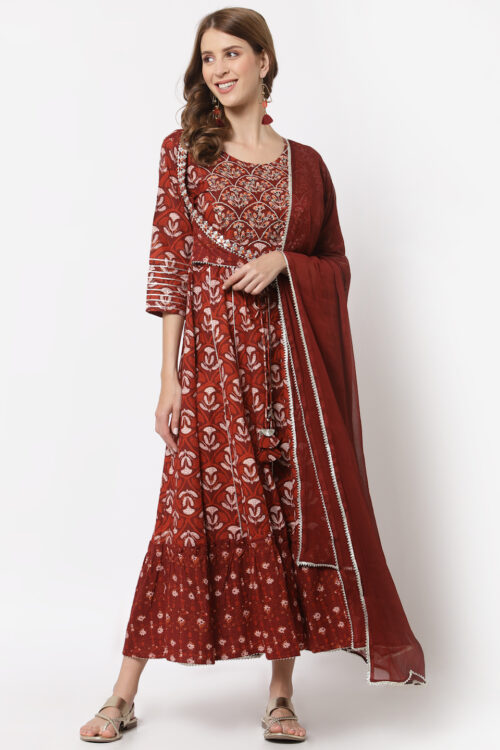 cotton sanganari printed hanwork gown with printed duptta