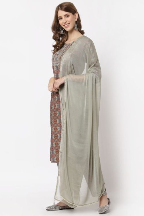 muslin printed embroidered kurta with muslin printed bottom & chiffon duptta