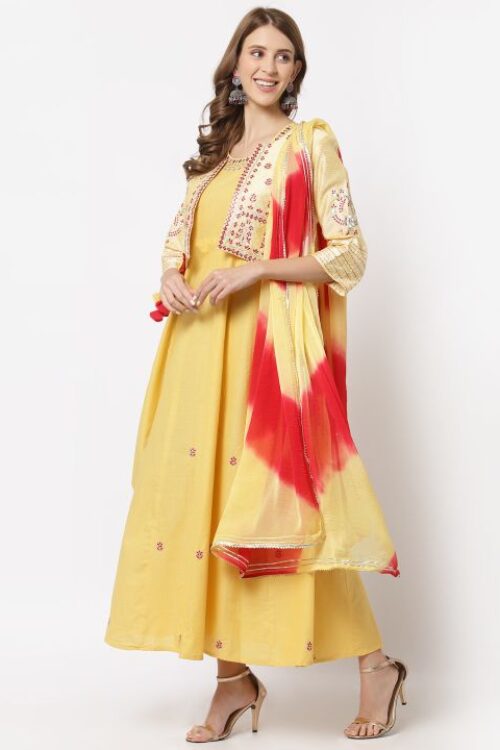 cotton anarkali embroidered gown along with hanwork jacket & tie-dye duptta