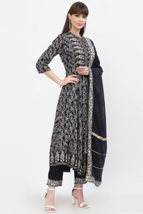 rayon sanganeri printed handwork gown with printed bottom & duptta