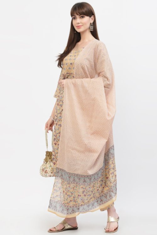 cotton embroidered printed kurta with printed dupatta & bottom