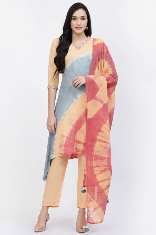 tie and die A-line kurta with embroidery neck