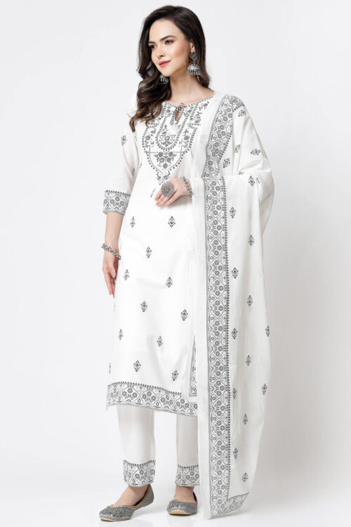 printed kurta , pant and duptta with handwork on yoke