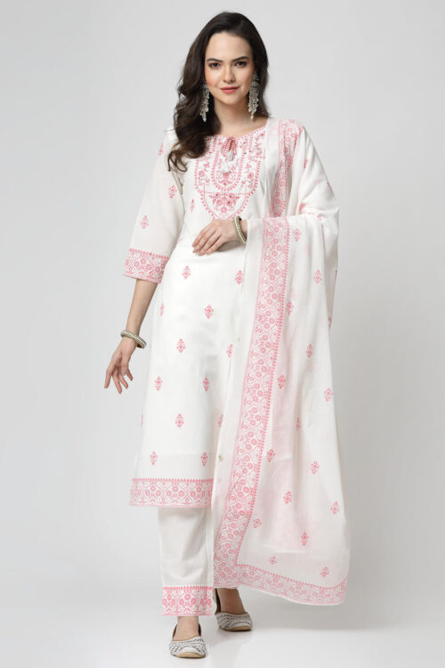 printed kurta , pant and duptta with handwork on yoke