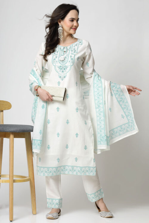 printed kurta , pant and duptta with handwork on yoke