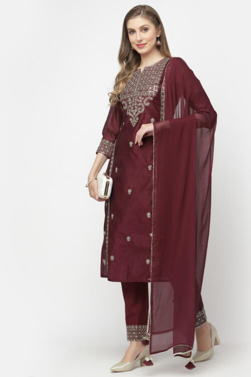 Chanderi designer embroidered kurta with embroidered bottom & dupatta