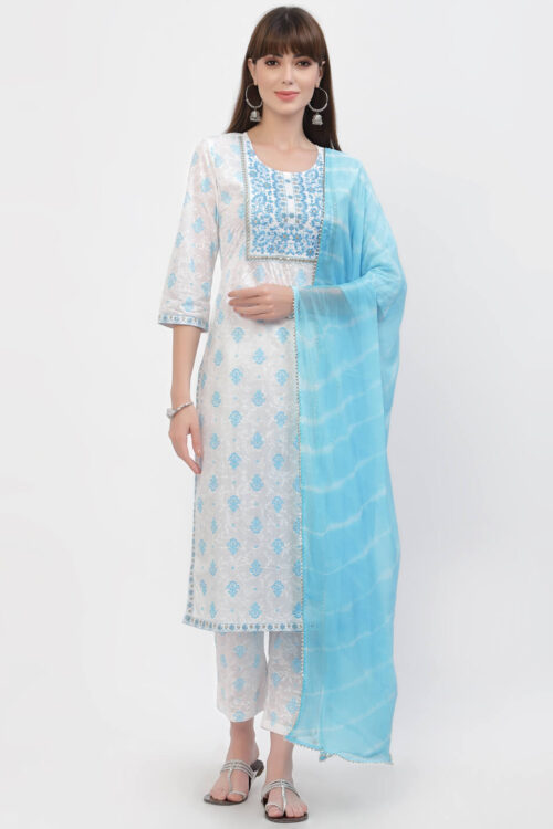 cotton embroidered printed kurta with printed duptta & bottom