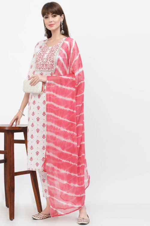 cotton embroidered printed kurta with printed duptta & bottom