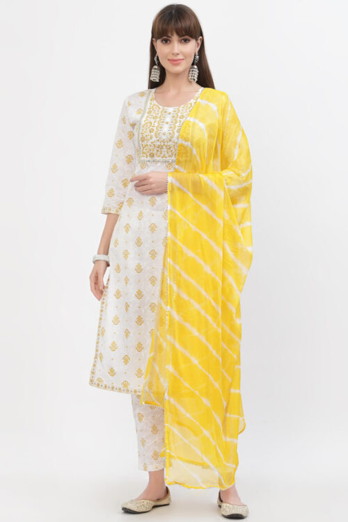 Cotton embroidered printed kurta with printed dupatta & bottom