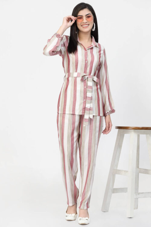 rayon self woven co-ord set with embroidered cuffs