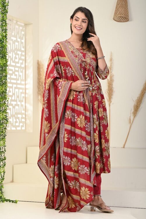 aliya cut muslin embroidered kurta with tussles