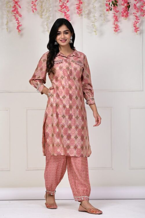 muslin printed  kurta with handwork along with lace work