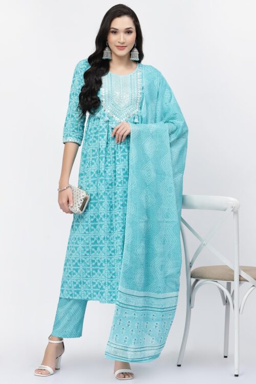 printed kurta with embroidery on yoke along with tussels