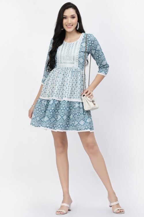 printed short length tunic with embroidery