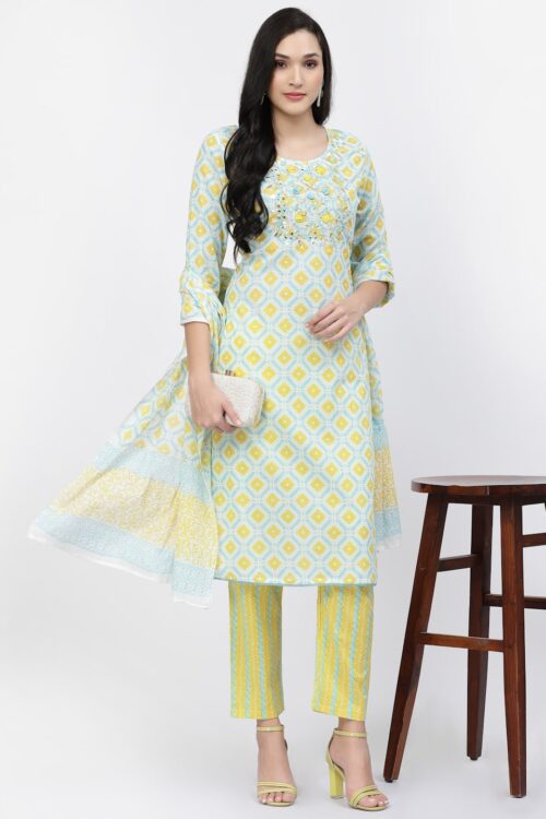 printed kurta with handwork on yoke